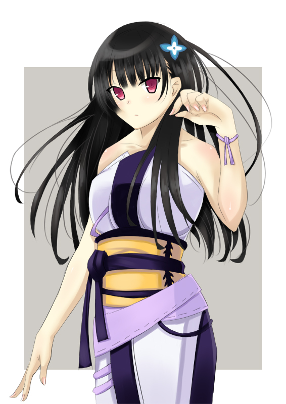 akage, alternate_costume, bad_id, bare_shoulders, black_hair, blush, dress, flower