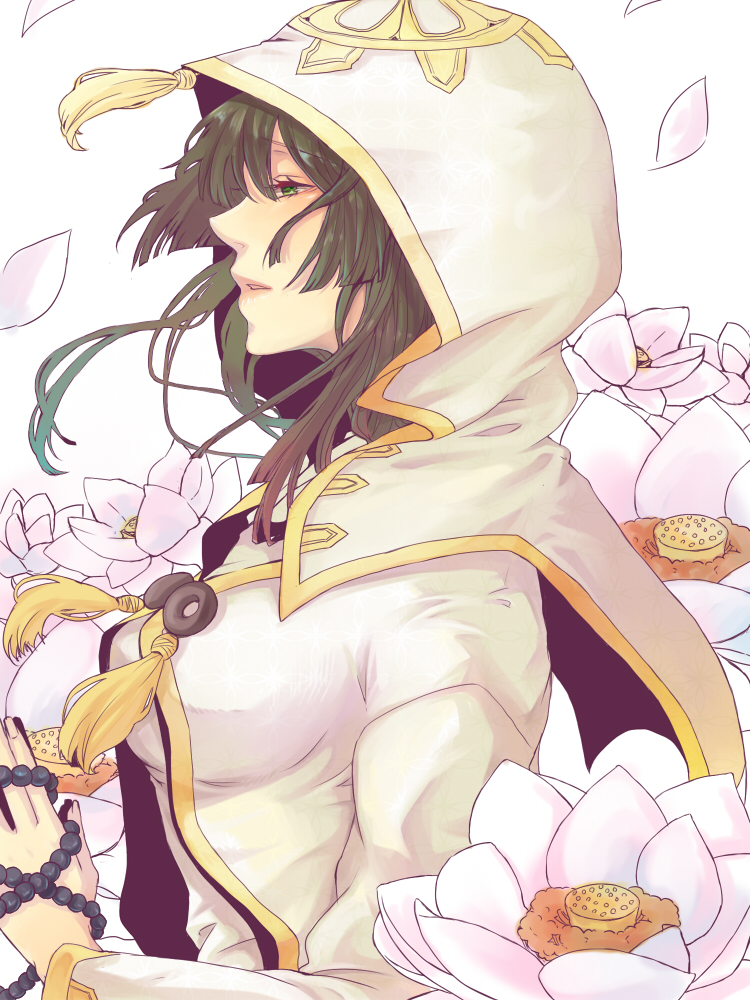 beads, brown_hair, flower, green_eyes, harugano, hood, prayer_beads, sengoku_musou
