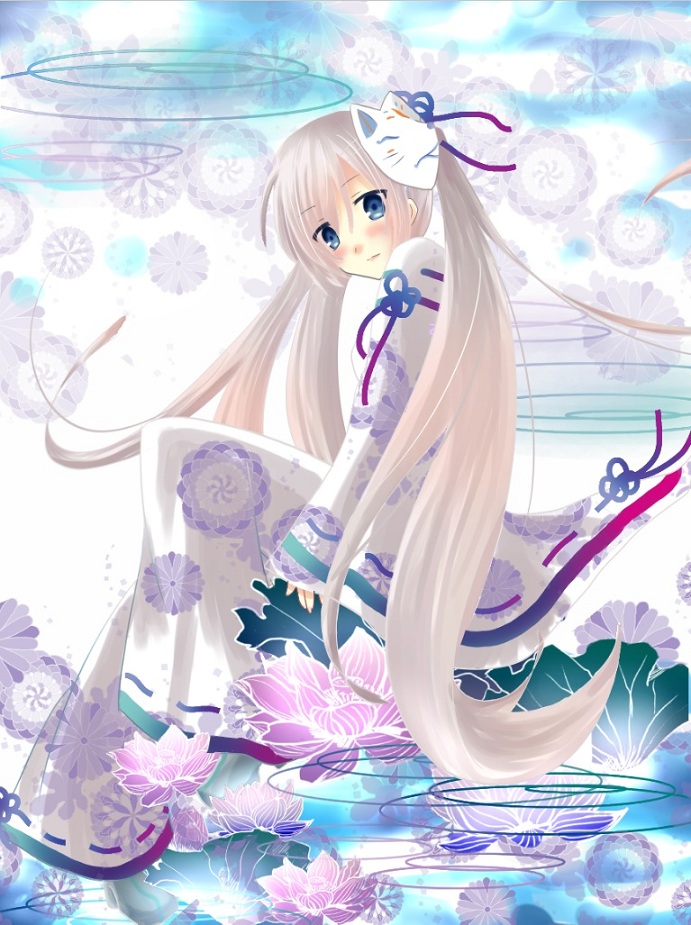 bad_id, blue_eyes, dress, flower, fox_mask, japanese_clothes, long_hair, lotus, mask, original, rea, ribbon, solo, twintails, white_hair