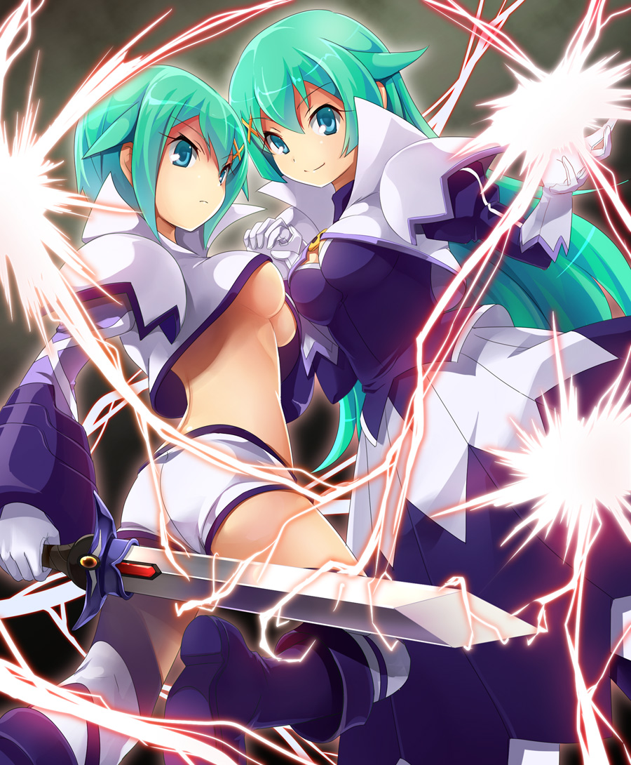 aqua_eyes, aqua_hair, boots, breasts, dress, electricity, gloves, hair_ornament