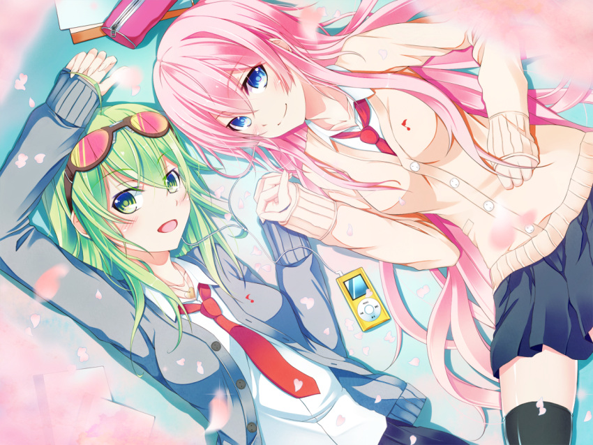 ahoge, black_legwear, blue_eyes, blush, cardigan, digital_media_player, earphones, goggles
