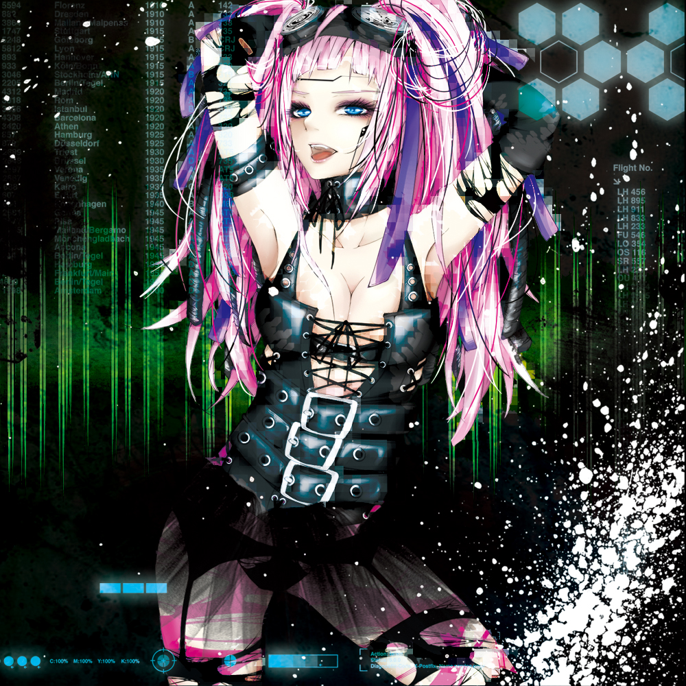 alternate_hairstyle, armpits, arms_up, bare_shoulders, belt, black_legwear, blue_eyes, breasts, cleavage, corset, elbow_gloves, garter_straps, gloves, goggles, goggles_on_head, long_hair, makeup, megurine_luka, open_mouth, origa, pink_hair, see-through, solo, thighhighs, tongue, torn_clothes, twintails, vocaloid