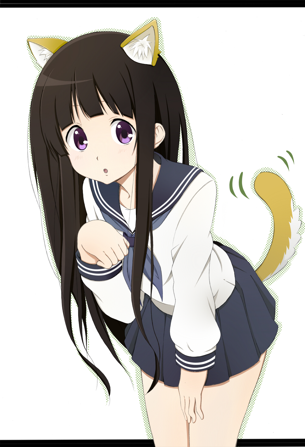 animal_ears, black_hair, chitanda_eru, highres, hyouka, long_hair, paw_pose, purple_eyes, school_uniform, sekiyu., serafuku, solo, tail, very_long_hair, violet_eyes