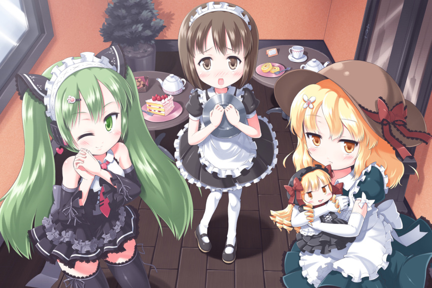 black_legwear, blonde_hair, blush, bow, brown_eyes, brown_hair, cake, child, elbow_gloves, food, gloves, green_eyes, green_hair, hagiwara_yukiho, hair_ornament, hairclip, hatsune_miku, idolmaster, indoors, kana_anaberal, loli, long_hair, maid, maid_headdress, mary_janes, morujii, multiple_girls, necktie, open_mouth, pastry, plate, shoes, short_hair, smile, thigh-highs, thighhighs, touhou, touhou_(pc-98), twintails, vocaloid, waitress, white_legwear, wink, yellow_eyes, zettai_ryouiki