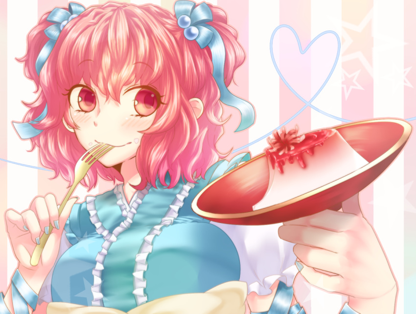 alternate_costume, bianco_(mapolo), breasts, dish, eating, food, fork, hair_bobbles, hair_ornament, heart, japanese_clothes, onozuka_komachi, pudding, red_eyes, red_hair, redhead, short_hair, smile, solo, touhou, twintails