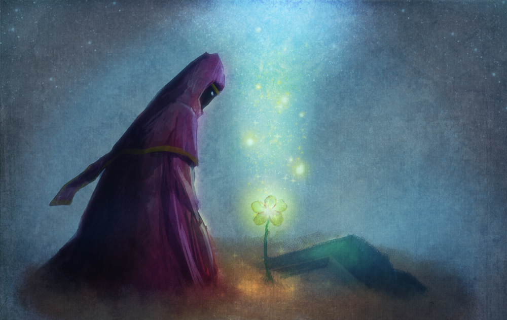 dosanko, flower, journey, light, robe, scarf, traveler