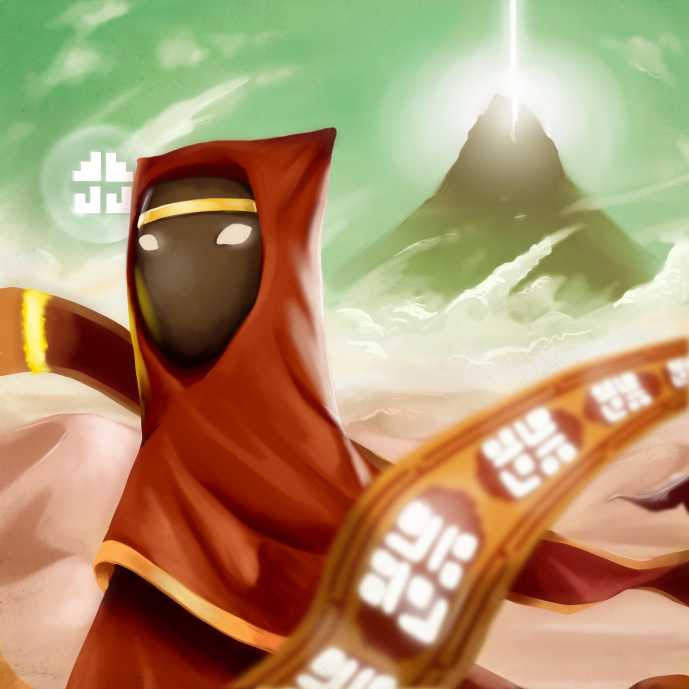 glowing_eyes, journey, mountain, no_pupils, robe, scarf, symbol, traveler
