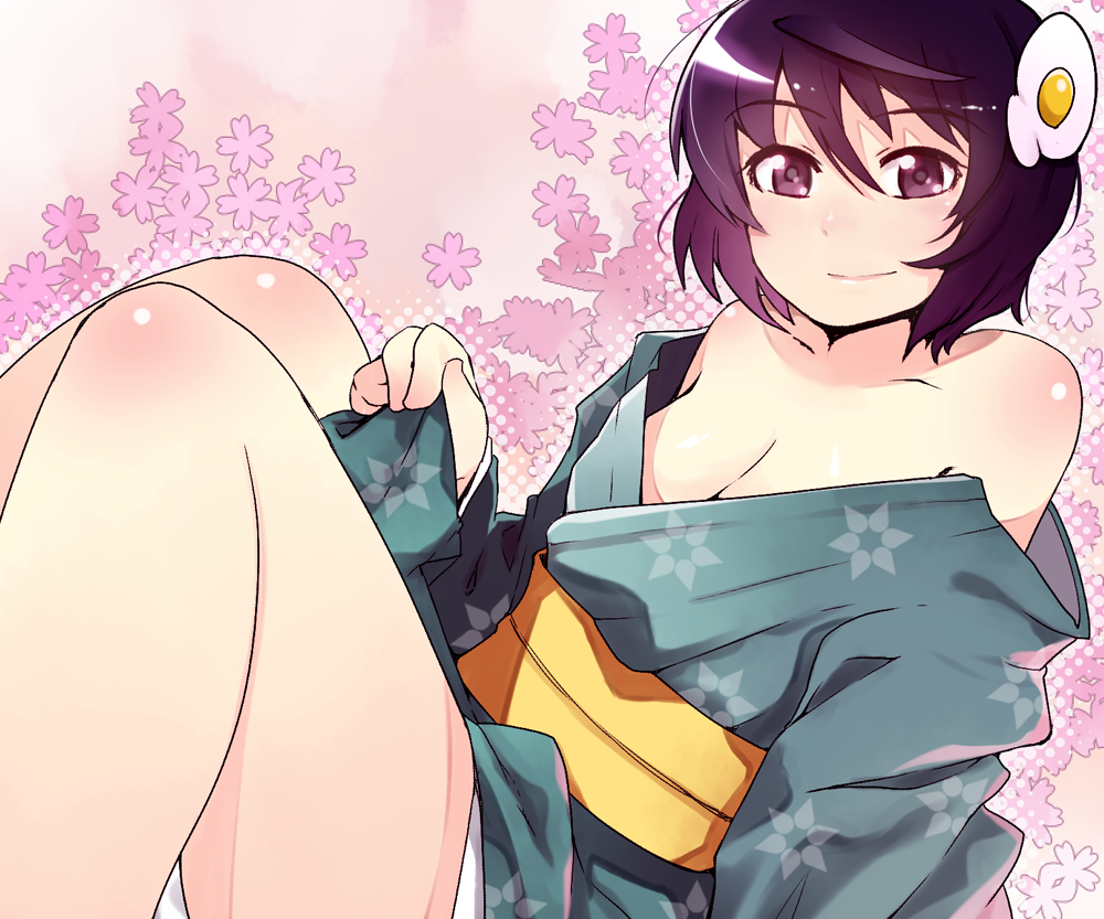 araragi_tsukihi, bare_shoulders, fried_egg, hair_ornament, japanese_clothes, kimono, kosame_daizu, looking_at_viewer, monogatari_(series), nisemonogatari, off_shoulder, purple_eyes, purple_hair, short_hair, smile, solo, violet_eyes