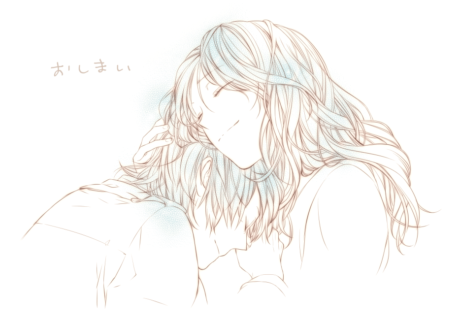 1girl, closed_eyes, eyes_closed, hug, long_hair, monochrome, ninomae_juuichi, short_hair, smile, spec, spoilers, too_mizuguchi, touma_saya