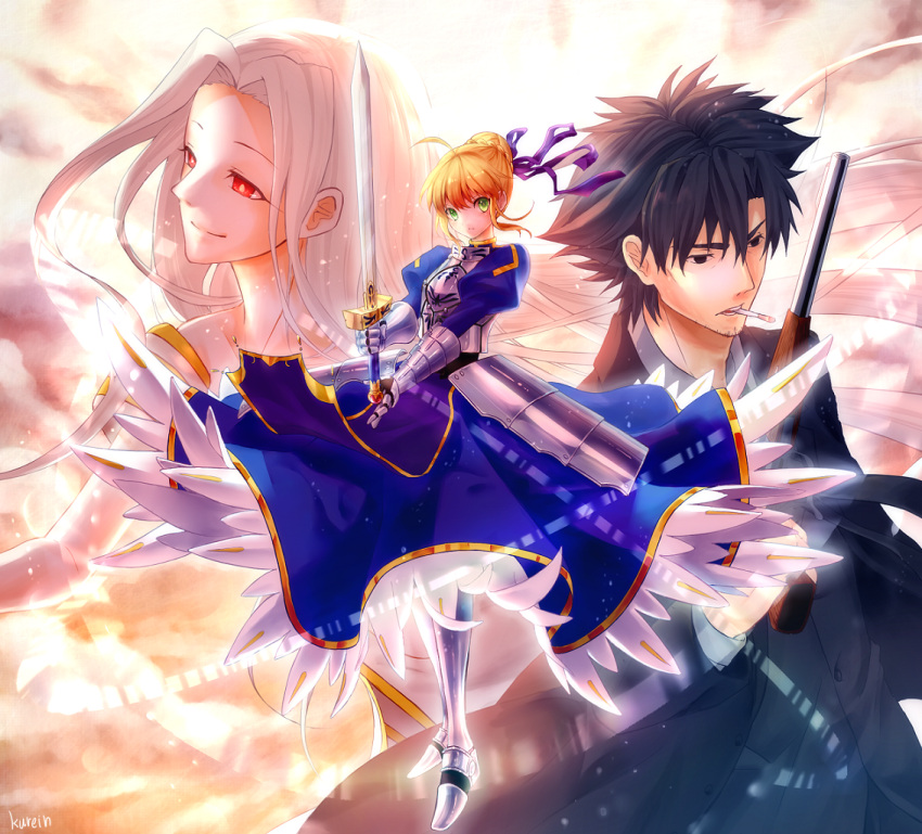 2girls, ahoge, armor, armored_dress, black_eyes, black_hair, blazbluefairy, blonde_hair