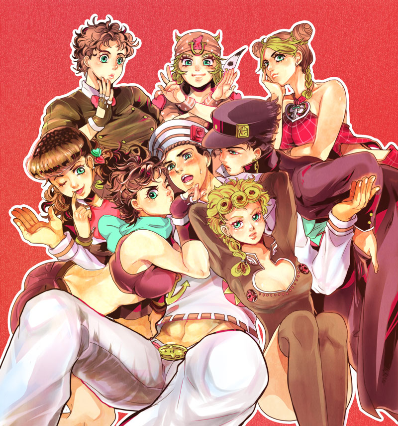 6+girls, chain, chains, dixie_cup_hat, genderswap, giorno_giovanna, harem, hat