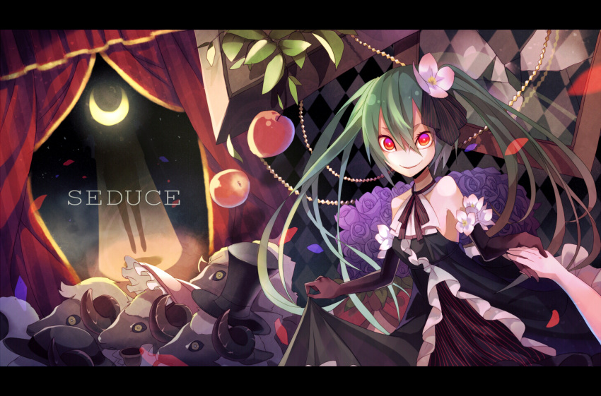 bare_shoulders, dress, dutch_angle, elbow_gloves, flower, gloves, green_hair, hair_flower