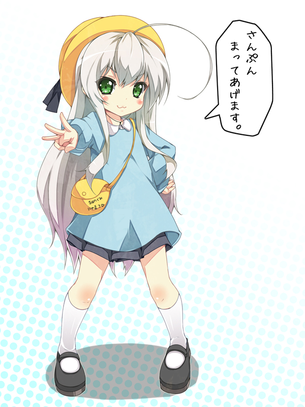 :3, ahoge, bag, blush_stickers, green_eyes, grey_hair, haiyore!_nyaruko-san, hand_on_hip