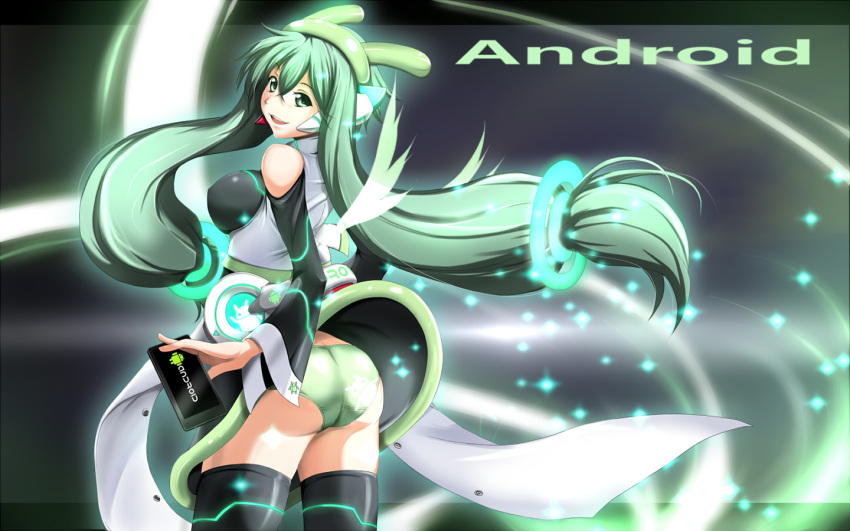 ass, black_legwear, breasts, detached_sleeves, from_behind, green_eyes, green_hair, green_panties, long_hair, looking_back, miyabi_(miura105), panties, personification, smartphone, smile, thigh-highs, thighhighs, underwear, very_long_hair
