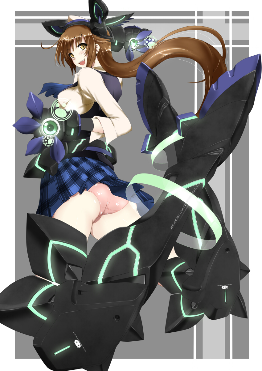 android, animal_ears, armor, breasts, brown_eyes, brown_hair, cyborg, elysion_(web_game), foreshortening, highres, long_hair, looking_at_viewer, miyabi_(artist), miyabi_(miura105), open_mouth, original, panties, pantyshot, pink_panties, plaid, plaid_skirt, skirt, solo, underwear, upskirt, very_long_hair, yellow_eyes