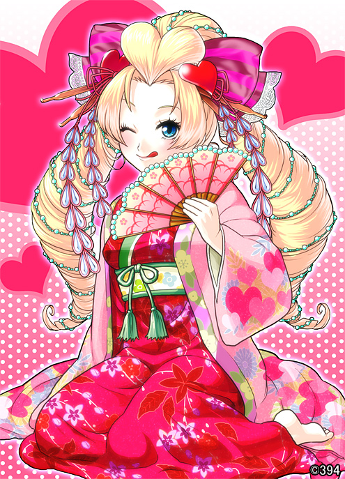 ;q, barefoot, blonde_hair, blue_eyes, blush, drill_hair, fan, folding_fan