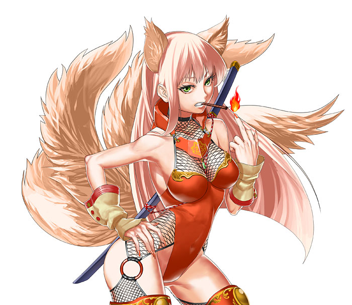 animal_ears, bare_shoulders, breasts, cigar, cigarette, fire, fishnets, fox_ears, fox_tail, green_eyes, hand_on_hip, hips, katana, leotard, long_hair, mayumio88, middle_finger, mouth_hold, multiple_tails, pink_hair, pyrokinesis, reki-dama, solo, sword, tail, weapon, white_background