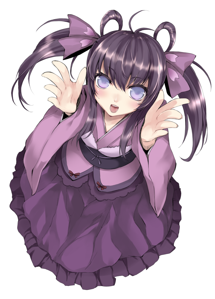 arms_up, atoshi, bad_id, blush, foreshortening, hair_ribbon, hair_rings, japanese_clothes