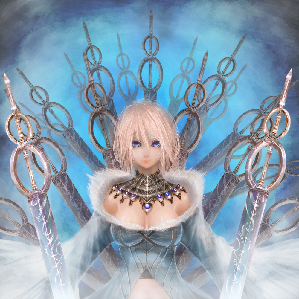 blonde_hair, blue_eyes, breasts, cherokee_(pixiv), detached_collar, lips, pixiv_fantasia, pixiv_fantasia_3, short_hair, solo, sword, weapon