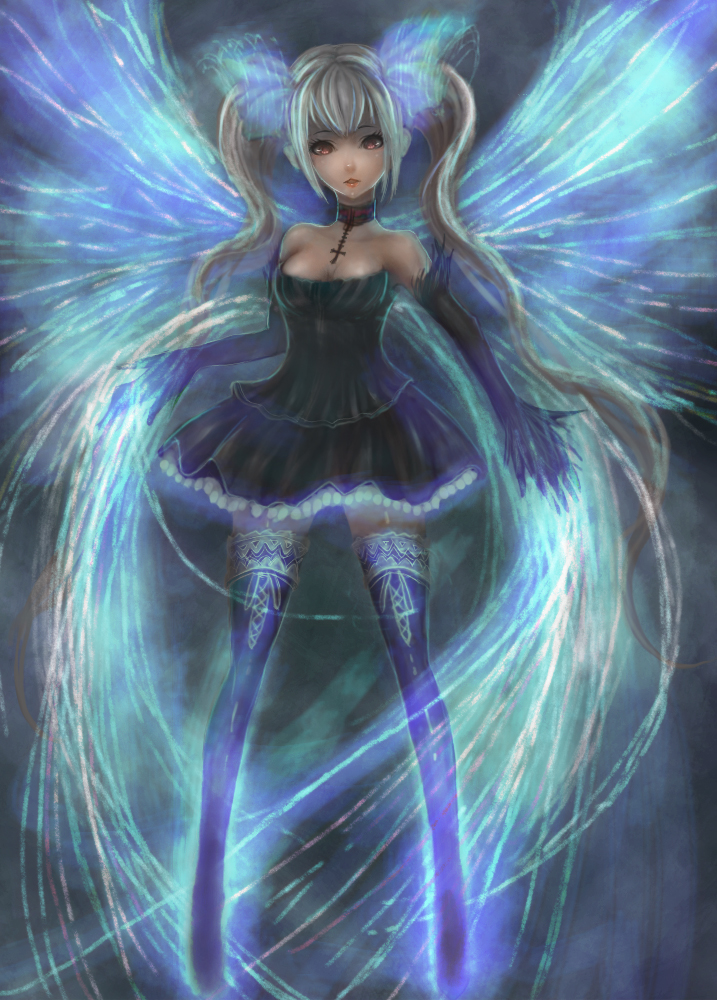 blonde_hair, blue_legwear, breasts, cherokee_(pixiv), choker, cross, elbow_gloves, gloves