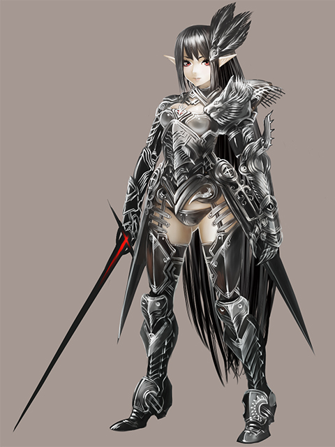 armor, black_hair, brown_background, cherokee_(pixiv), copyright_request, full_body, gaunl, gauntlets