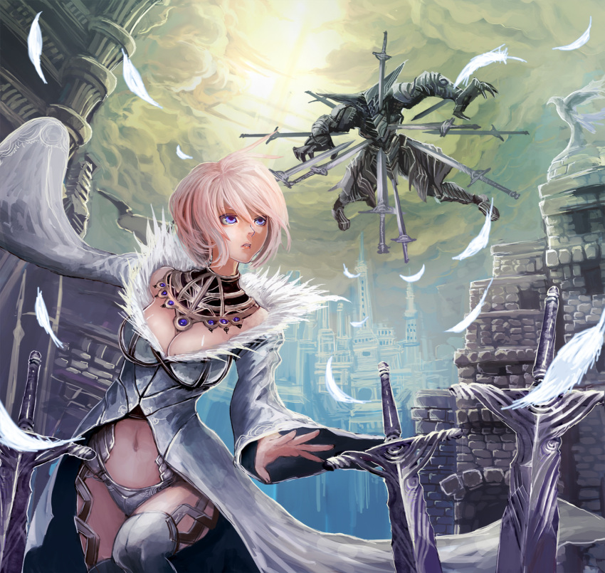 blue_eyes, breasts, cherokee_(pixiv), cleavage, cloud, clouds, feathers, highres, navel, pink_hair, pixiv_fantasia, pixiv_fantasia_5, short_hair, sky, sword, weapon