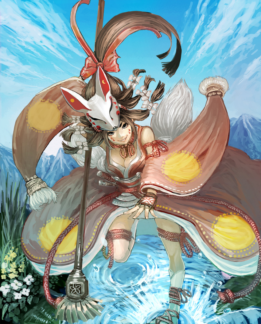 asymmetrical_legwear, bow, breasts, brown_eyes, cherokee_(pixiv), cleavage, cloud, clouds, facial_mark, fox_mask, hair_bow, highres, mask, mochizuki_chiyome, ponytail, sengoku_taisen, sky, smile, solo, white_legwear