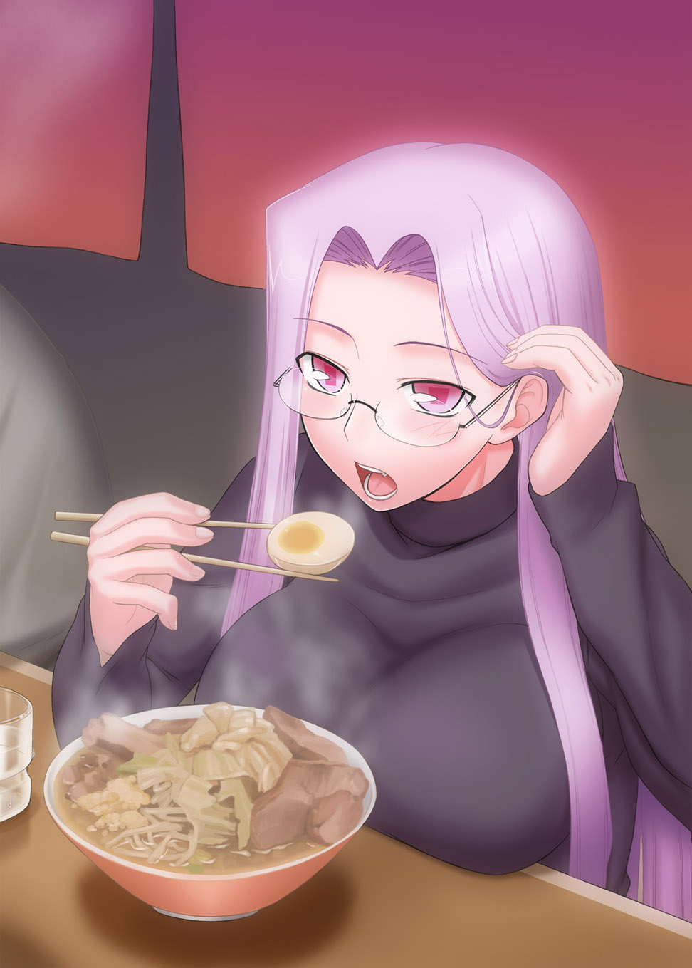 blush, bowl, breast_rest, breasts, chopsticks, eating, egg, fate/stay_night, fate_(series), glasses, highres, large_breasts, long_hair, long_sleeves, open_mouth, purple_eyes, purple_hair, rider, siseru_samurai, solo, steam, sweater, violet_eyes