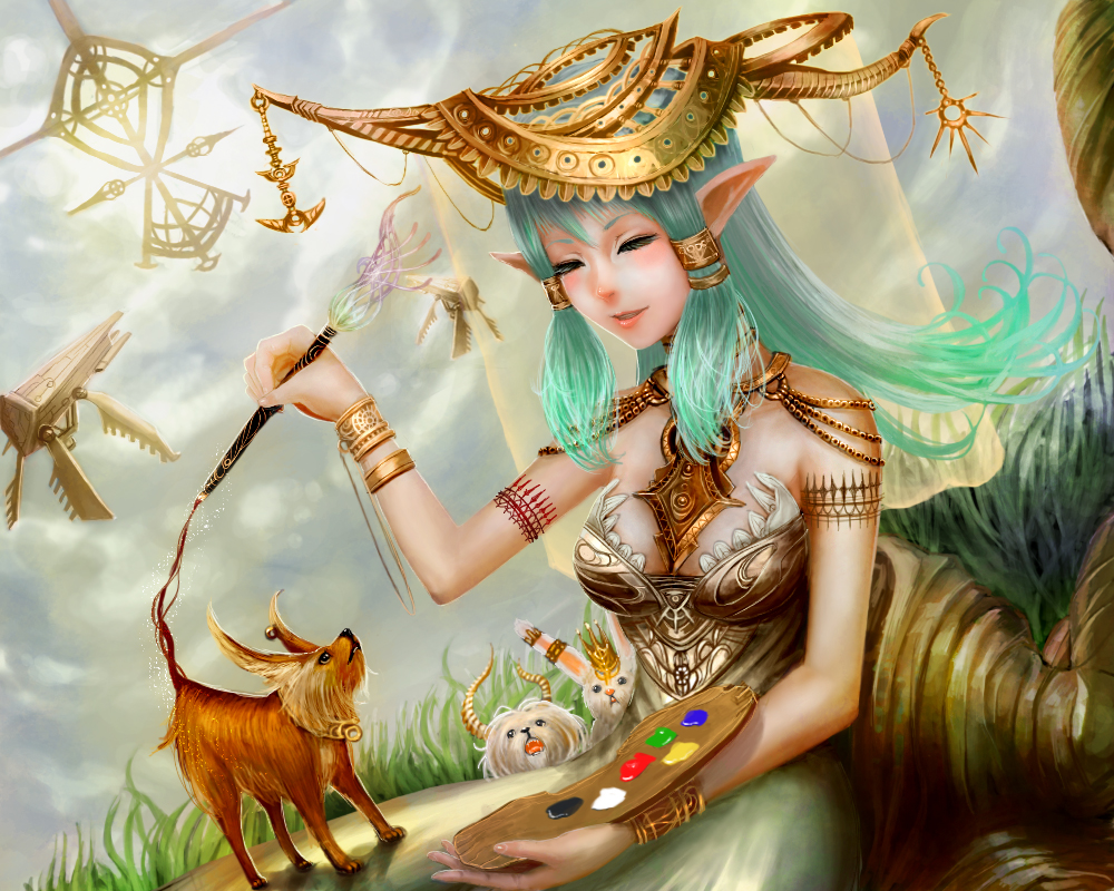 animal, aqua_hair, armlet, bracelet, breasts, cherokee_(pixiv), closed_eyes, eyes_closed