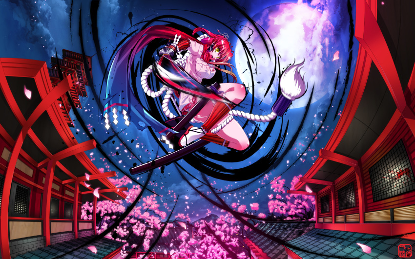 blood, cherry_blossoms, hyakka_ryouran_samurai_girls, moon, night, queen's_gate, redhead, scarf, sword, weapon, yagyuu_juubei, yellow_eyes