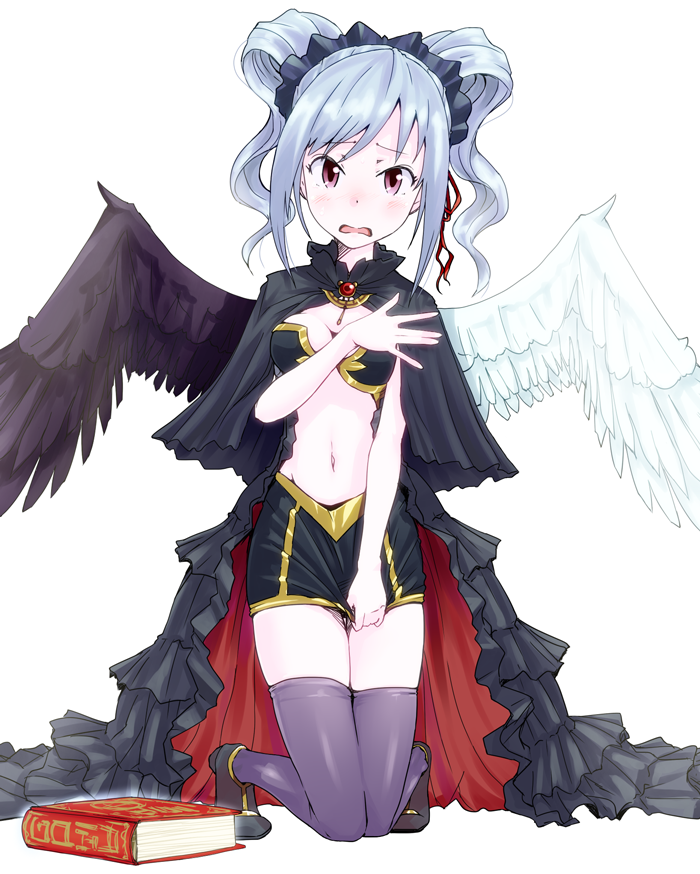 aidama_(td1143), asymmetrical_wings, book, breasts, covering, covering_breasts, feathered_wings, frills, idolmaster, idolmaster_cinderella_girls, kanzaki_ranko, midriff, miniskirt, navel, open_mouth, purple_eyes, short_twintails, silver_hair, simple_background, skirt, skirt_pull, solo, thighhighs, twintails, violet_eyes, wavy_mouth, white_background, wings