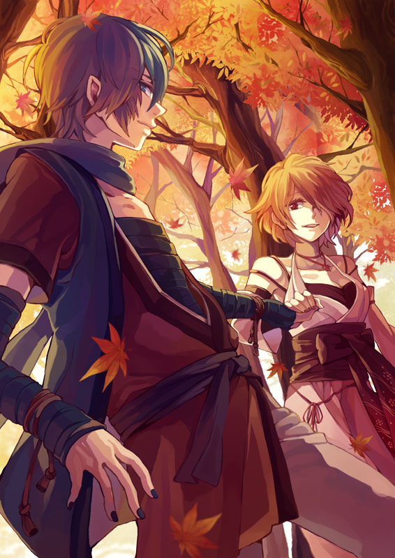 1girl, arm_ribbon, autumn_leaves, bad_id, blue_eyes, blue_hair, blue_nails, brown_eyes