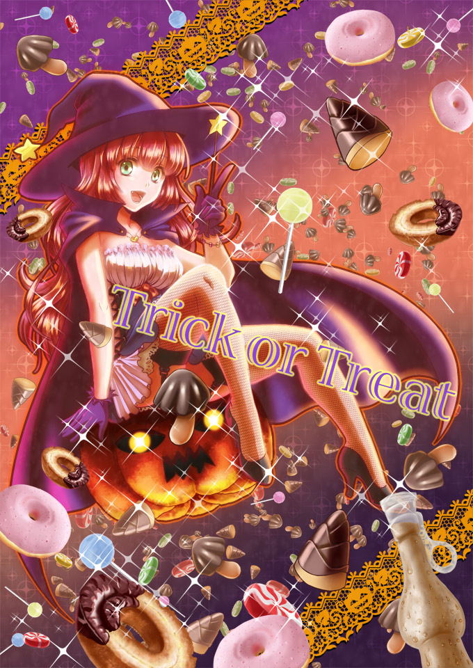 acocha, candy, cape, chocolate, doughnut, fishnet_legwear, fishnets, garter_straps