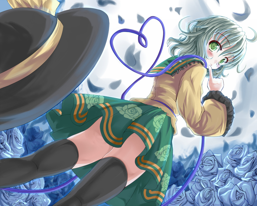 ahoge, black_legwear, blue_rose, blush, finger_to_mouth, flower, from_behind, green_eyes