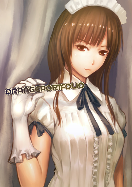 brown_eyes, brown_hair, gloves, long_hair, maid_headdress, mishima_yoshikatsu, original, solo