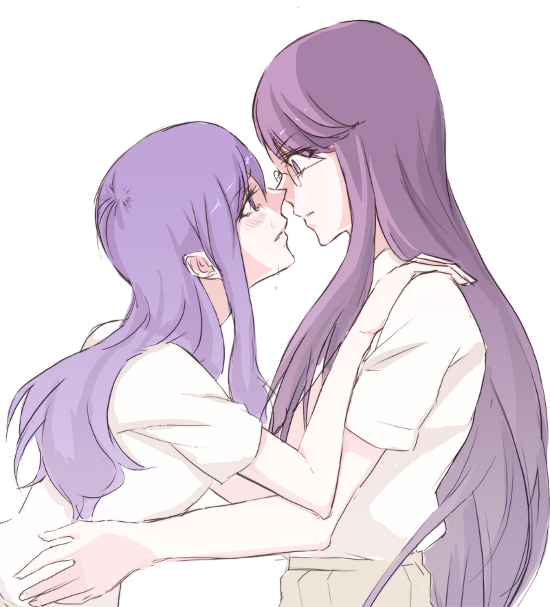blush, eye_contact, glasses, heartcatch_precure!, hug, incipient_kiss, kurumi_momoka, long_hair