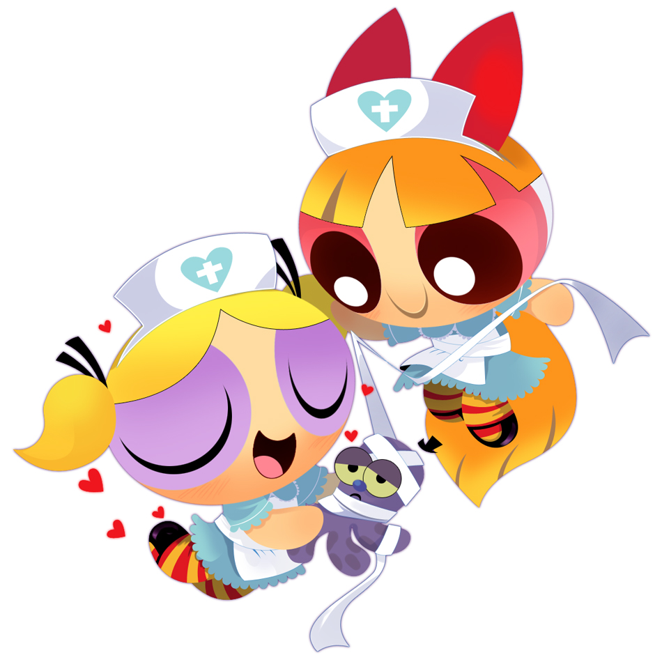 2girls, alternate_costume, bandage, bandages, blossom_(ppg), bubbles_(ppg), heart, iroiro_(pixiv_94450), multiple_girls, nurse, octi, powerpuff_girls, siblings, simple_background, sisters, striped, striped_legwear