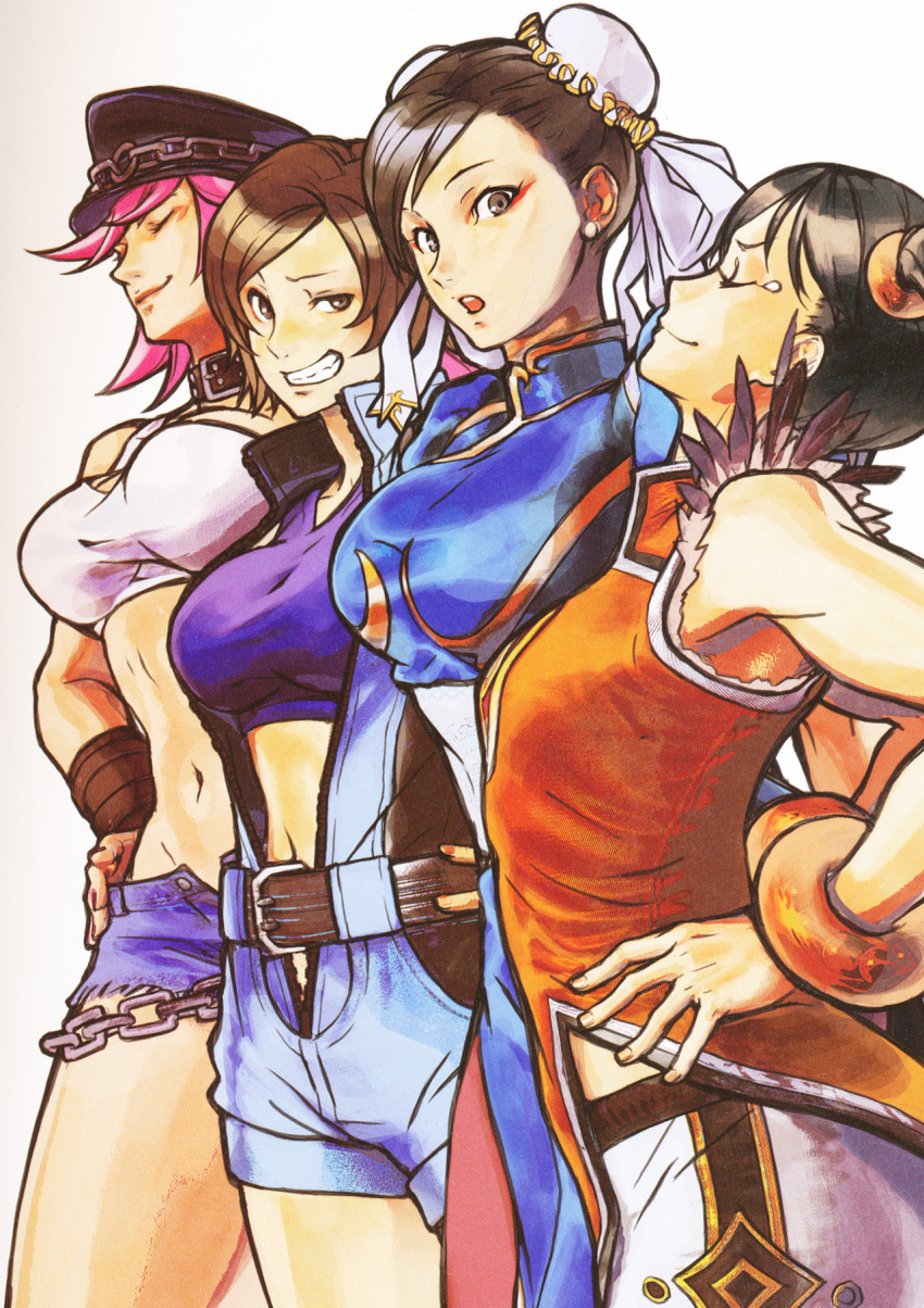 3girls, belt, black_hair, bracelet, breast_envy, breasts, brown_eyes, brown_hair