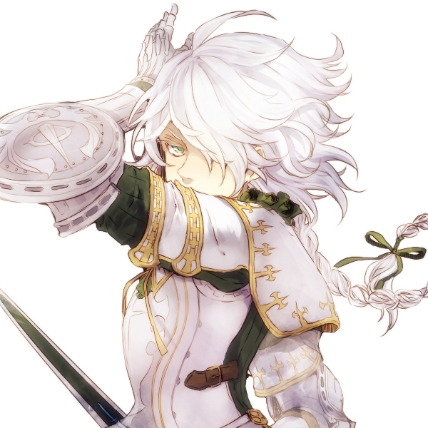 armor, green_eyes, hair_over_one_eye, long_hair, male, nintendo, ribbon, solo, sword, takakura_aki, the_last_story, therius, weapon, white_hair