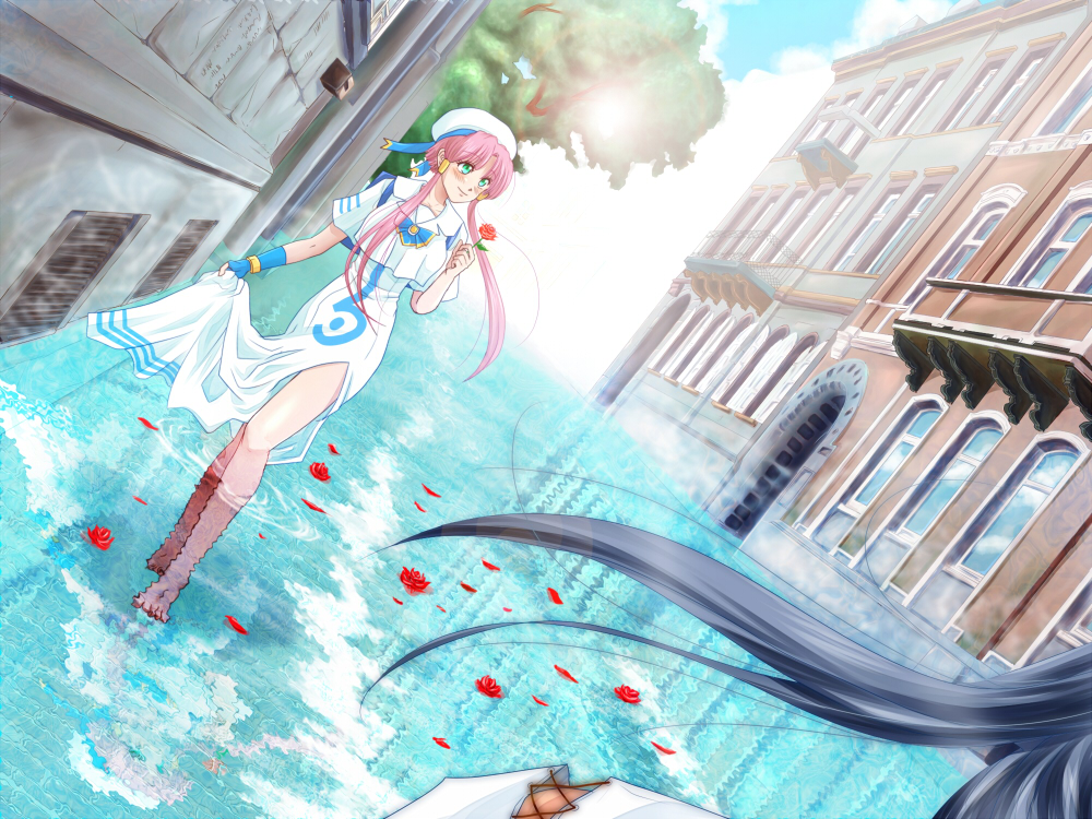 aria, barefoot, dutch_angle, fingerless_gloves, flower, gloves, hair_tubes, hat