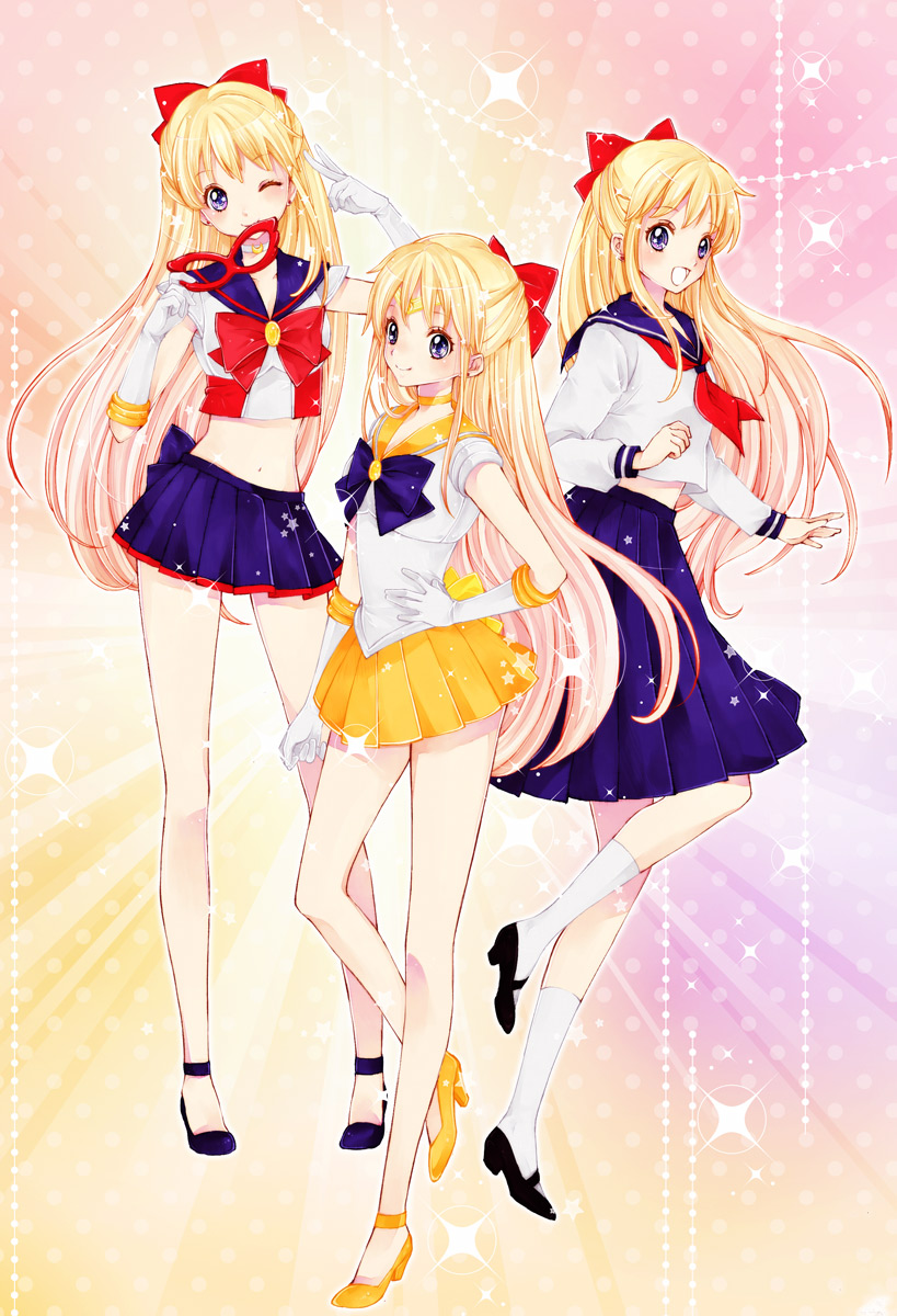 3girls, aino_minako, bishoujo_senshi_sailor_moon, blonde_hair, blue_dress, blue_eyes, bow, choker, dress, gloves, hair_bow, half_updo, hand_on_hip, high_heels, highres, katou_sami, kneehighs, long_hair, magical_girl, mary_janes, mask, midriff, miniskirt, multiple_girls, multiple_persona, navel, orange_dress, pleated_skirt, ribbon, sailor_collar, sailor_v, sailor_venus, school_uniform, serafuku, shoes, skirt, smile, socks, tiara, white_gloves, white_legwear, white_socks, wink