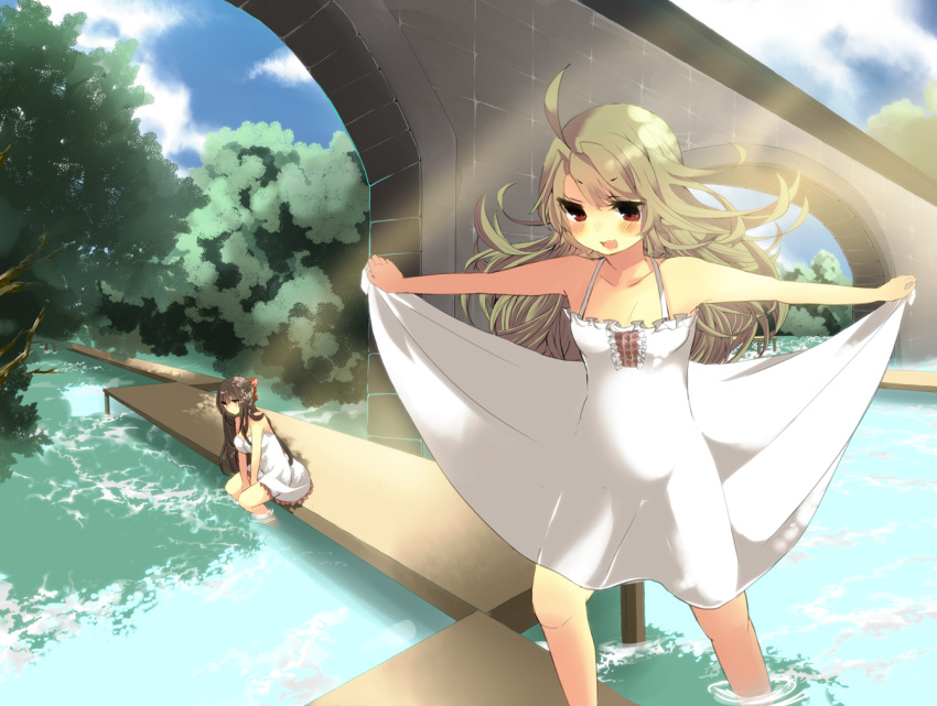 ahoge, bad_id, bare_shoulders, black_hair, blush, bow, brown_hair, dress