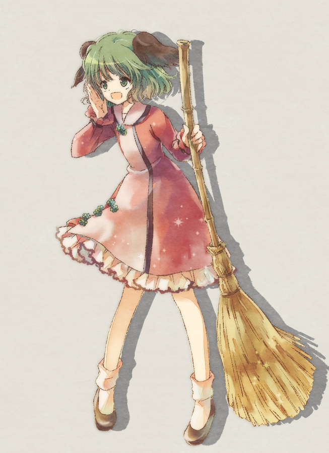 animal_ears, bamboo_broom, broom, dress, green_eyes, green_hair, kasodani_kyouko, open_mouth