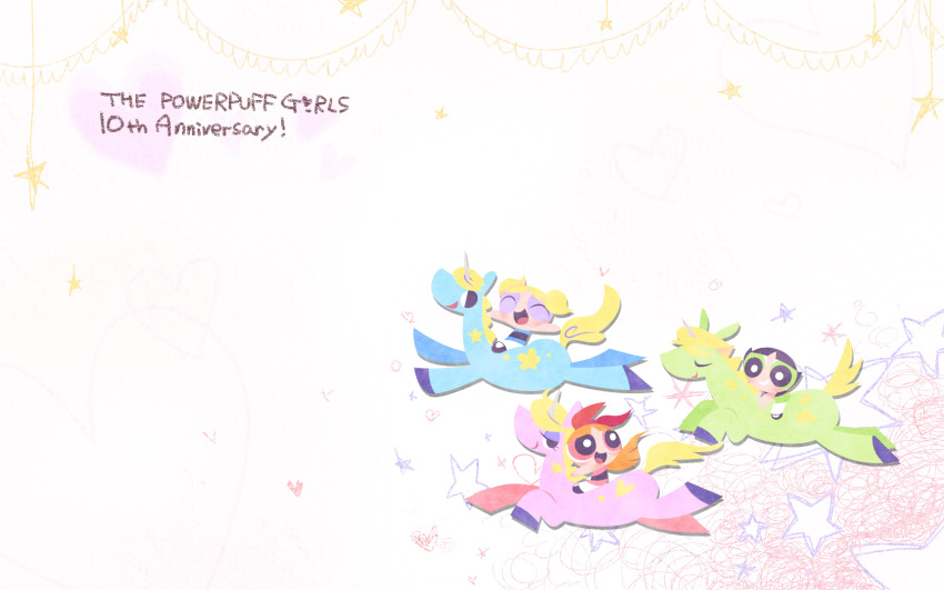3girls, blossom_(ppg), bubbles_(ppg), buttercup_(ppg), crayon_(medium), cutout, faux_traditional_media, highres