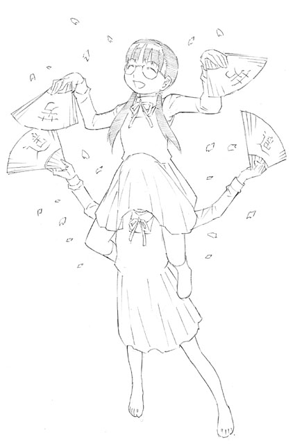 2girls, barefoot, carrying, closed_eyes, dress, fan, folding_fan, glasses, monochrome, multiple_girls, original, petals, shoulder_carry, sketch, twintails, yoshitomi_akihito