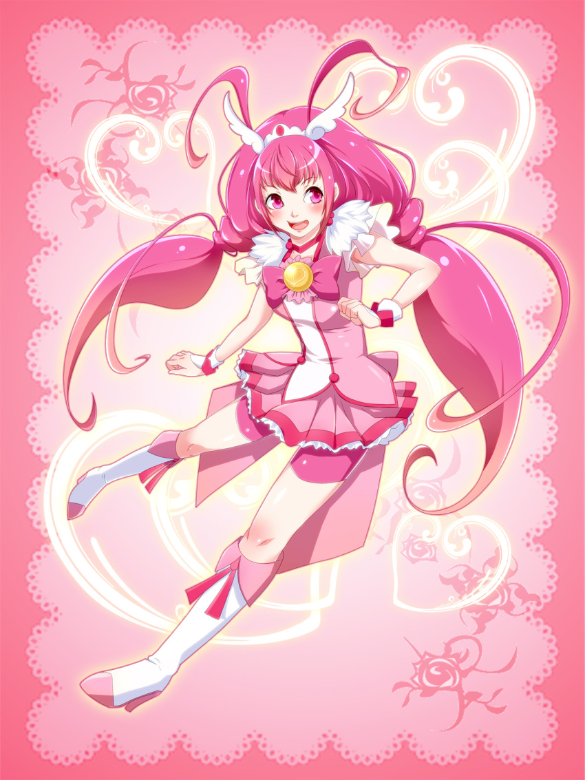 antenna_hair, bike_shorts, boots, bowtie, choker, cure_happy, dress, floral_background