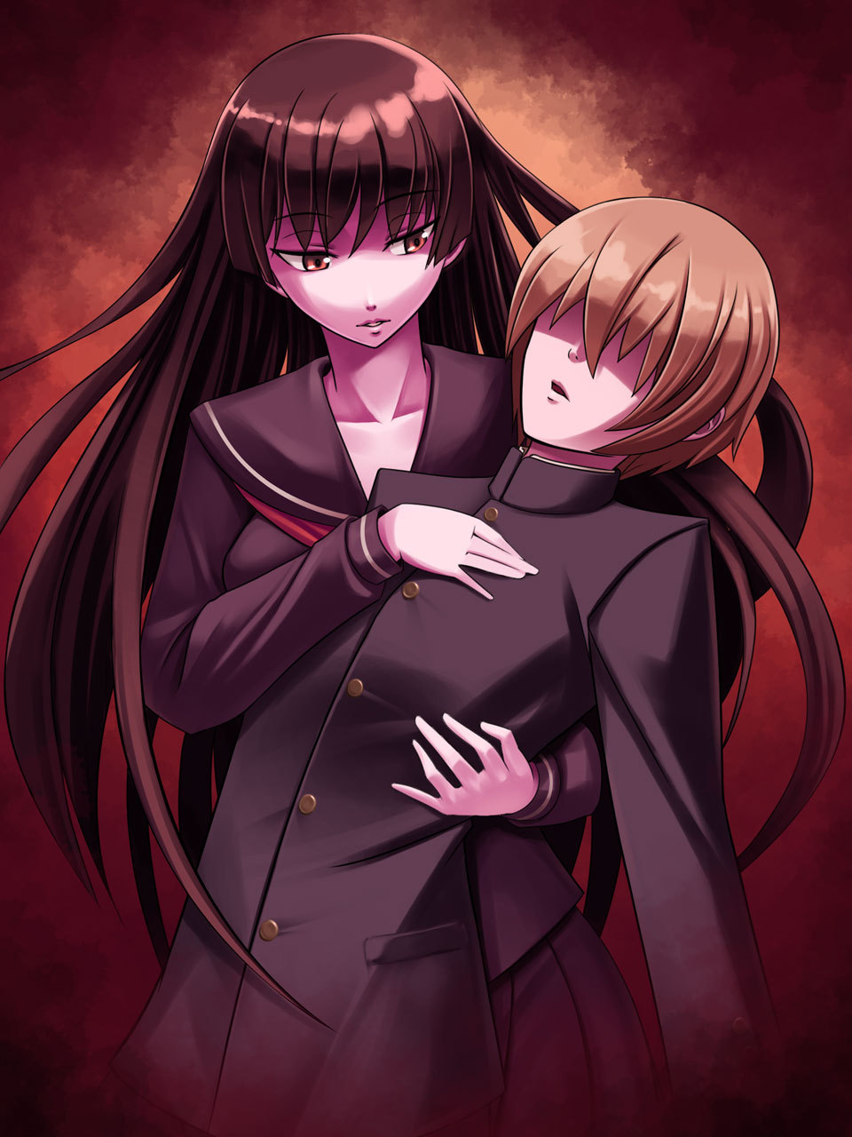 1girl, black_hair, brown_hair, collarbone, ghost, hair_over_eyes, highres, kanoe_yuuko