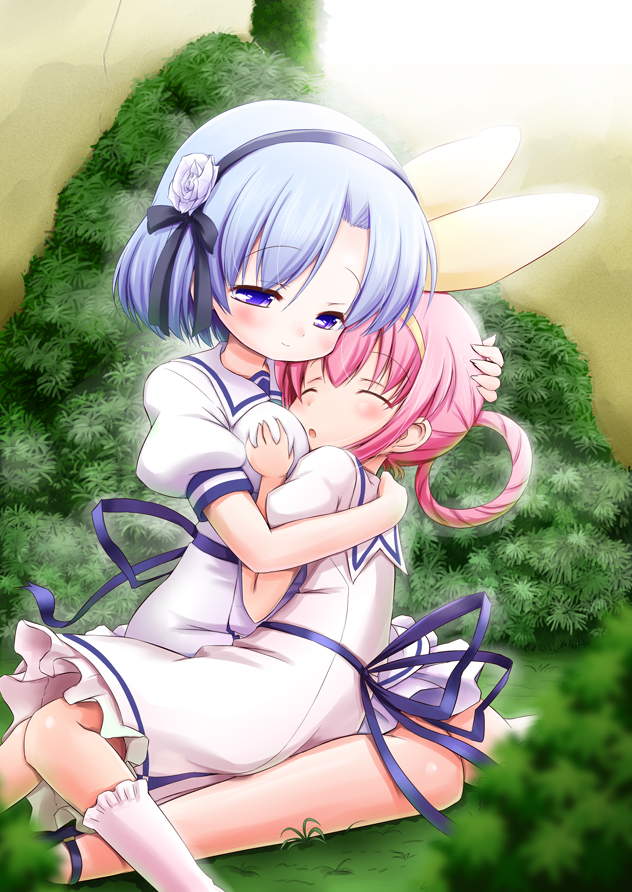 blue_eyes, blue_hair, blush, breast_grab, breasts, closed_eyes, eyes_closed, flower