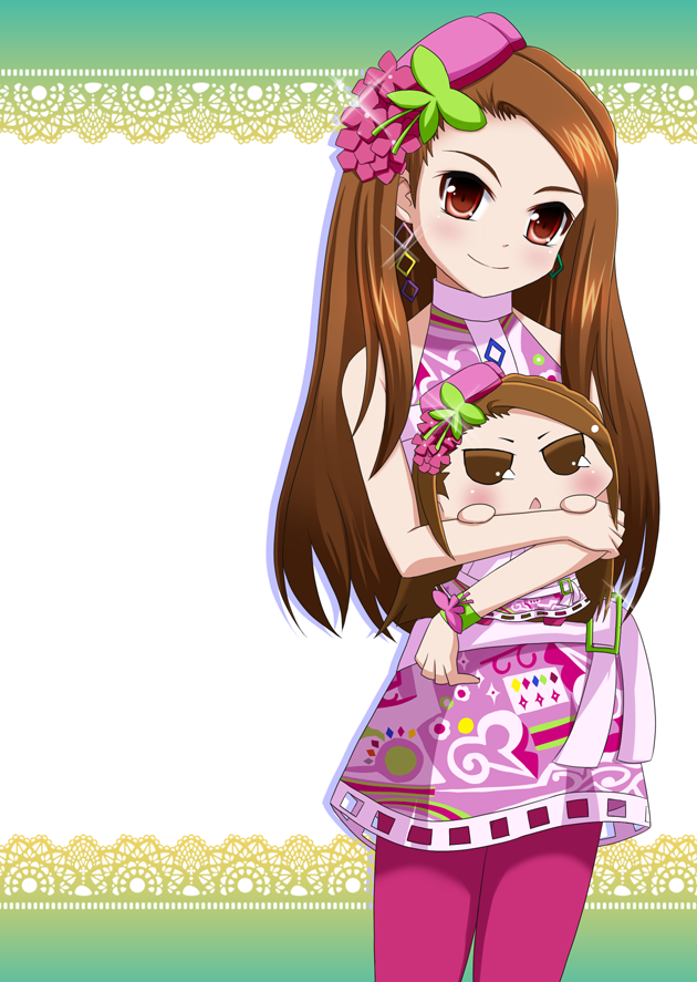 belt, brown_eyes, brown_hair, chibi, dress, earrings, hat, hug