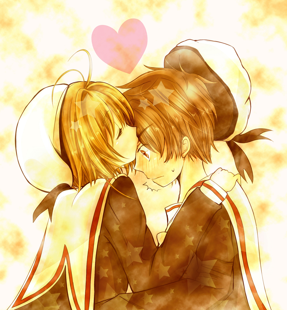 1girl, bottle_(x890264), brown_eyes, brown_hair, card_captor_sakura, cardcaptor_sakura, child, closed_eyes, couple, eyes_closed, forehead_kiss, hat, heart, kinomoto_sakura, kiss, li_xiaolang, male, school_uniform, serafuku, short_hair